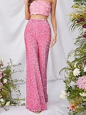 abordables pantalons de fête pour femmes-Pantalons Baggy en Coton Lin Femme Chino à Jambes Larges Mode Streetwear Longueur Complète Taille Haute Uni Sequins Confort Doux Agréable Micro-élastique Extérieur Soirée Rue Noir Rose Rouge Été