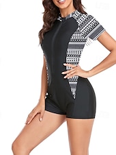abordables Maillots de bain une pièce-Femmes Maillots de Bain Une Pièce Maillot de bain Zip Up Patchwork Tropical Tenues de plage Fleur Col rond Manches courtes Maillots de bain