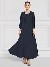preiswerte Mit Jacke-Zweiteilig Kleid-Sets Brautmutterkleid Hochzeitsgast Kirche Elegant Rundhalsausschnitt Knöchellänge Chiffon Langarm mit Spitze Stickerei 2025