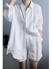 economico Camicie-Per donna Camicia Camicie ispirate al lino Abbottonare Blusa Semplice Essenziale Moderno Manica Lunga Colletto a Camicia Top Regolari Quotidiano Ferie Uscire Bottoni Bianco Estate
