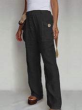 economico Pantaloni in lino e cotone semplici-Pantaloni ampi in cotone e lino A tinta unita Chinos Pantaloni baggy Basic Casual Lunghezza intera Vita alta Semplice Pockets Fascia elastica Comfort All&#039;aperto Micro-elastico Vacanze Strada