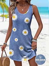 preiswerte Blumenkleider-Damen Minikleid Sommerkleid A Linie Kleid Urlaub Lässig Täglich Normale Passform Blumen Grafik Ärmellos U-Ausschnitt Blau Orange Sommer