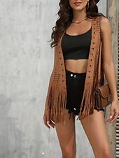 billige Boho topper-Dame Bluse عادي Moderne Fritid Ermeløs V-hals Vanlige topper Daglig Ferie Ut på byen Frynser Svart Brun Kakifarget Sommer