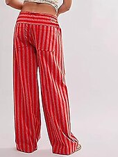 voordelige wijde pijpen en hoge taille-Dames broek Broeken Casual Volledige lengte Natuurlijk Gestreept Zak Elastisch ontwerp met trekkoord Comfortabel Voor buiten Uitgaan Weekend Rood Perzik Pauw Blauw Hyacinth Zwart Zomer Normale pasvorm