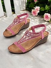 abordables Sandales compensées-Sandales compensées roses à brides en T pour femmes avec strass – Chaussures d'été élégantes pour les garden-parties et au quotidien