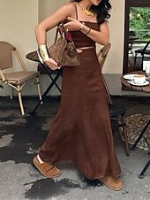 abordables Ensembles courts pour femmes-Femmes Mode Streetwear Ensembles en coton et lin Jupe Ensembles Sans manches Bretelle Uni Dos nu Fête Week-end Marron Été Coupe régulière