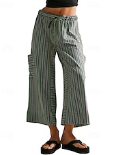 abordables jambe large et taille haute-Femmes Slacks Pantalons Streetwear Occasionnel Longueur complète Naturel Rayé Avec Poches Conception à cordon élastique Confortable Extérieur Rue Sortir Rouge orangé Bleu ciel clair Marine fonc