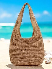 voordelige Handtas &amp; Draagtassen-dames handgemaakte geweven stro schoudertas - grote boho strandtas voor zomerreizen, vakantie en casual outfits bruin beige
