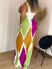 preiswerte Ausgefallene Kleider-Damen Langes Kleid Maxikleid Sommerkleid Unterkleid Druckkleid Elegant Täglich Ausgehen Sommerkleid Normale Passform Geometrisch Farbblock Ärmellos Quadrathals Gelb Leicht Braun Purpur Braun Sommer
