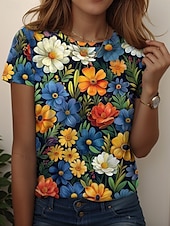 billige Blomster t-skjorte-Dame T skjorte Blomstret Grafisk Planter Årgang Stilfull Klassisk Kortermet Crew-hals Rund hals Vanlige topper Daglig Helg Ferieklær Trykt mønster Hvit Blå Lilla Grønn Sommer