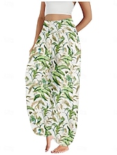 economico Pantaloni in cotone e lino con grafica-Per donna Pantaloni ispirati al lino Gamba larga Pantaloni Stile Etnico Casual Boho Lunghezza intera Vita Alta Floreale Foglia Tropicale Tasca Elastico in vita Stampa Traspirabilità Morbido