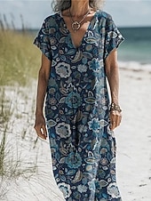 abordables Robes-Femmes Robe Longue Maxi Robe Robes en coton et lin Robe Décontractée Robe bohème Robe occidentale Mode Extérieur Soirée Fête Coupe régulière Fleur Manche Courte Col en V Noir Bleu Violet Marron Été