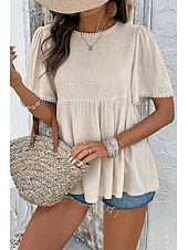 preiswerte Hemden-Damen Leinen-inspirierte Hemden Bluse Einfach Modern Lässig Kurzarm Rundhalsausschnitt Normale Oberteile Täglich Ferien Ausgehen Gerafft Aprikose Sommer
