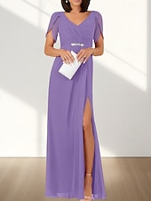 cheap Wedding Guest Dresses-A-Line Wedding Guest Dresses Elegant Dress Wedding Guest Engagement Floor Length Short Sleeve V Neck Chiffon with Ruched Beading Slit