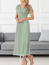 cheap Wedding Guest Dresses-A-Line Wedding Guest Dresses Elegant Dress Wedding Guest Engagement Tea Length Short Sleeve V Neck Chiffon with Pleats Ruched
