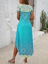 preiswerte Boho Kleid-Damen Midikleid T-Shirt-Kleid Sommerkleid Urlaub Boho Strand Täglich Normale Passform Grafik Stammes Abstrakt Kurzarm Rundhalsausschnitt Königliches Blau Blau Purpur Orange Sommer