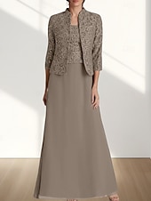 economico Lunghezza del pavimento-Due Pezzi Linea ad A Abito da cerimonia per signora Ospite di nozze Elegante Collo quadrato Lunghezza al pavimento Chiffon Pizzo Manica 3/4 con Pizzo 2025