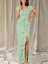 preiswerte Bodenlänge-Meerjungfrau  Trompeten Brautmutter Kleid Hochzeitsgast Eleganter V-Ausschnitt Bodenlang Chiffon Spitze Cap Ärmeln mit Spitzen Rüschen Applikationen