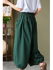 economico Pantaloni in lino e cotone semplici-Per donna Pantaloni in cotone e lino Culotte Moda Streetwear Lunghezza intera Naturale Semplice Tasca Elastico in vita Comodo All&#039;aperto Confortevole Vacanza Weekend Marrone rossastro Nero Verde