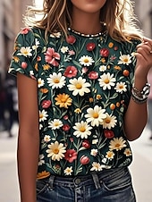 billige Blomster t-skjorte-Dame T skjorte Blomstret Grafisk Planter Årgang Stilfull Klassisk Kortermet Crew-hals Rund hals Vanlige topper Daglig Helg Ferieklær Trykt mønster Hvit Blå Lilla Grønn Sommer