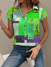 voordelige Dames Strepen &amp; Geometrische Tops-Dames Overhemd Grafisch Geometrisch Vintage Tropisch Dagelijks Korte mouw Kap Overhemdkraag Normale tops Dagelijks Rood blauw Oranje Groen Zomer Lente