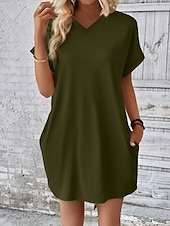 preiswerte Weißes Kleid-Damen Mini Kleid T-Shirt Kleid Tee Kleid einfarbig Sommer Kleid lässig täglich reguläre Passform Grafik Kurzarm V-Ausschnitt Schwarz Rot Olivgrün Aprikose Sommer