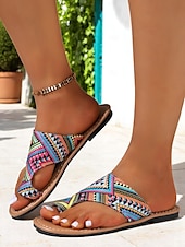 cheap Vacation Sandals-Women&#039;s Bohemian Tribal Print Toe Ring Sandals – Lightweight Slip-On Flats for Summer Travel, Beach Holidays, and Casual Outings