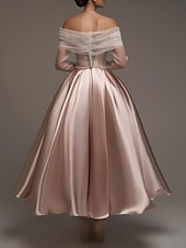 preiswerte Cocktailkleider-Rosa Ballkleid Satin A-Linien Cocktail Elegante Kleider Formelle Hochzeit Knöchellänge Langarm Schulterfrei Abnehmbar mit Schal