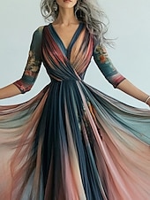 abordables Robes Bohémiennes-robe longue femme robe maxi robe décontractée robe trapèze robe fleurie robe d&#039;été robe bohème vintage vacances quotidien coupe classique floral manches longues col V bleu été