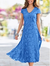 voordelige Thee Lengte-Strandbruiloft Sheath Moeder van de Bruid Jurk Bruiloft Gast Elegant Party Petite V-hals Thee Lengte Kant Korte Mouw met Plissee Effen Kleur gratis maatwerk