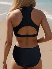 cheap Bikini Sets-Women&#039;s Swimsuits Bikini 2 Piece Briefs Swimsuit Backless Slim Vacation Beach Wear Solid Color Round Neck Sleeveless Bathing Suits