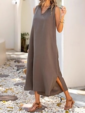 preiswerte Kleider aus Baumwolle und Leinen entwerfen-Damen Maxikleid Trägerkleid Elegant Stilvoll Lässig Ärmellos Normale Passform Einfach Ärmellos V Ausschnitt Kamel Armeegrün Dunkelblau Sommer Frühling Herbst