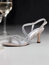 economico cocktail-sandali da donna con cinturino posteriore argentato e dettagli in strass – tacchi a gattino aperti e scintillanti per cocktail serali e ricevimenti nuziali