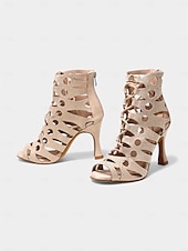 billige Sko til latindans-beige rhinestone latinske dansehæler med snøring for kvinner – pustende mesh peep toe performance sko for ballsaltrening