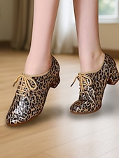 abordables Chaussures de danses latines-Chaussures de danse latine à lacets et imprimé léopard pour femmes – Chaussures d&#039;entraînement à talon bas pour adultes et événements sociaux