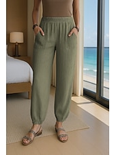 economico Pantaloni in lino e cotone semplici-Per donna Pantaloni in cotone e lino Comfort Lunghezza intera Vita Alta Semplice Tasca Fascia Elastica Comodo All&#039;aperto Confortevole Streetwear Abbigliamento quotidiano Uscire Nero Bianco Blu marino