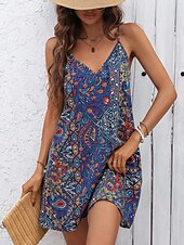 tanie Sukienki boho-Damskie Sukienka mini Sukienka A line Urlop Codzienny Boho Na zewnątrz Wyjściowe Plaża Luźna Graficzny Plemienny Bez rękawów Dekolt w kształcie litery U Ciemnoniebieski Lato