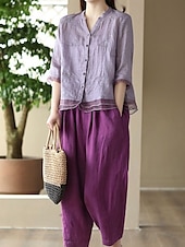 cheap Shirts-Women&#039;s Shirt Solid Color Basic Casual 3/4 Length Sleeve Shirt Collar Regular Tops Daily Mesh Patchwork Buttons White Yellow Pink Purple Summer