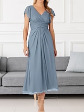 cheap Wedding Guest Dresses-A-Line Wedding Guest Dresses Elegant Dress Wedding Guest Engagement Tea Length Short Sleeve V Neck Chiffon with Pleats Ruched