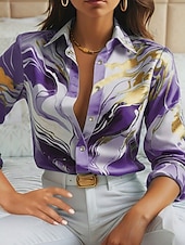baratos Tops de Arte e Design Femininos-Mulheres Camisa Social Gráfico Cores Gradiente à moda Casual Manga Longa Colarinho de Camisa Tops regulares Diário Botões Imprimir Rosa Azul Roxo Verão Primavera