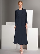 cheap With Jacket-Blue Pink Two Piece A-Line Dress Sets Mother of the Bride Dress Elegant Crew Neck Ankle Length Chiffon Long Sleeve Jacket Dresses with Lace Embroidery 2025