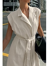 abordables concevoir des robes en coton et lin-Femmes Robe Midi Robe Chemise Robe en coton et lin Moderne Quotidien Sortir Week-end Coupe régulière Uni Sans manches Col de chemise Kaki Été