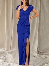 preiswerte Bodenlänge-Meerjungfrau  Trompeten Brautmutter Kleid Hochzeitsgast Eleganter V-Ausschnitt Bodenlang Chiffon Spitze Cap Ärmeln mit Spitzen Rüschen Applikationen