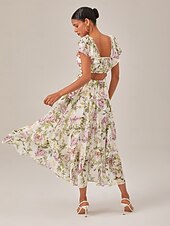 baratos Vestidos Florais Elegantes-Feminino Vestido de chiffon Vestido Longo Amarelo Verão Decote Princesa Elegante Férias Moda S M L