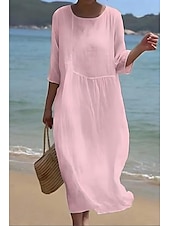 cheap Dresses-Women&#039;s Midi Dress Cotton Linen Dresses Casual Dress Fashion Basic Classic Daily Beach Weekend Regular Fit Plain Half Sleeve Crew Neck White Pink Light Blue Summer