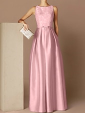 preiswerte Sekt-Strandhochzeit A-Linie Abendkleid Elegantes Kleid Formelle Abend Bodenlanger Ärmellos Schmuck-Ausschnitt Herbst Hochzeitsgast Satin mit Gurt/Ribbon Falten Applikationen 2025