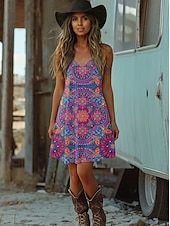 billige Boho-kjole-Damer Boho Kjole Western Kjole Vintage Mini Kjole Sundress A-Linje Kjole Slip Kjole Off The Shoulder Kjole Ferie Casual Gå Ut Strand Grafisk Geometrisk Tribal Uten Ermer V-Hals Spaghetti Stropp