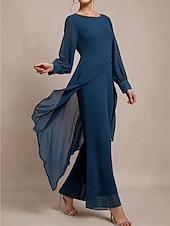 preiswerte Unter 129,99 $-Hosenanzug Brautmutter Klassischer Rundhalsausschnitt Asymmetrischer Saum Chiffon Lange Ärmel mit Einfarbig