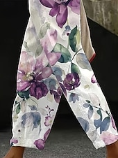  Dames Katoen Linnen Broeken Baggy Broeken Linnenachtig Strand Shorts Vakantie Vintage Mode Volle Lengte Hoge Taille Bloemprint Thermisch Warm Ademend Zacht Micro-elastisch Casual Violet