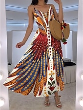 cheap Boho Dress-Women&#039;s Maxi Dress A Line Dress Slip Dress Vacation Casual Boho Going out Beach Regular Fit Floral Graphic Feather Sleeveless V Neck Blue Orange Green Rose Pink Summer Spring